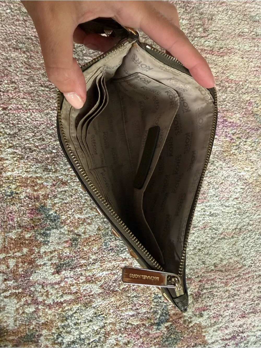 Michael Kors Olive Studded Leather Zip Wallet with Gold Hardware